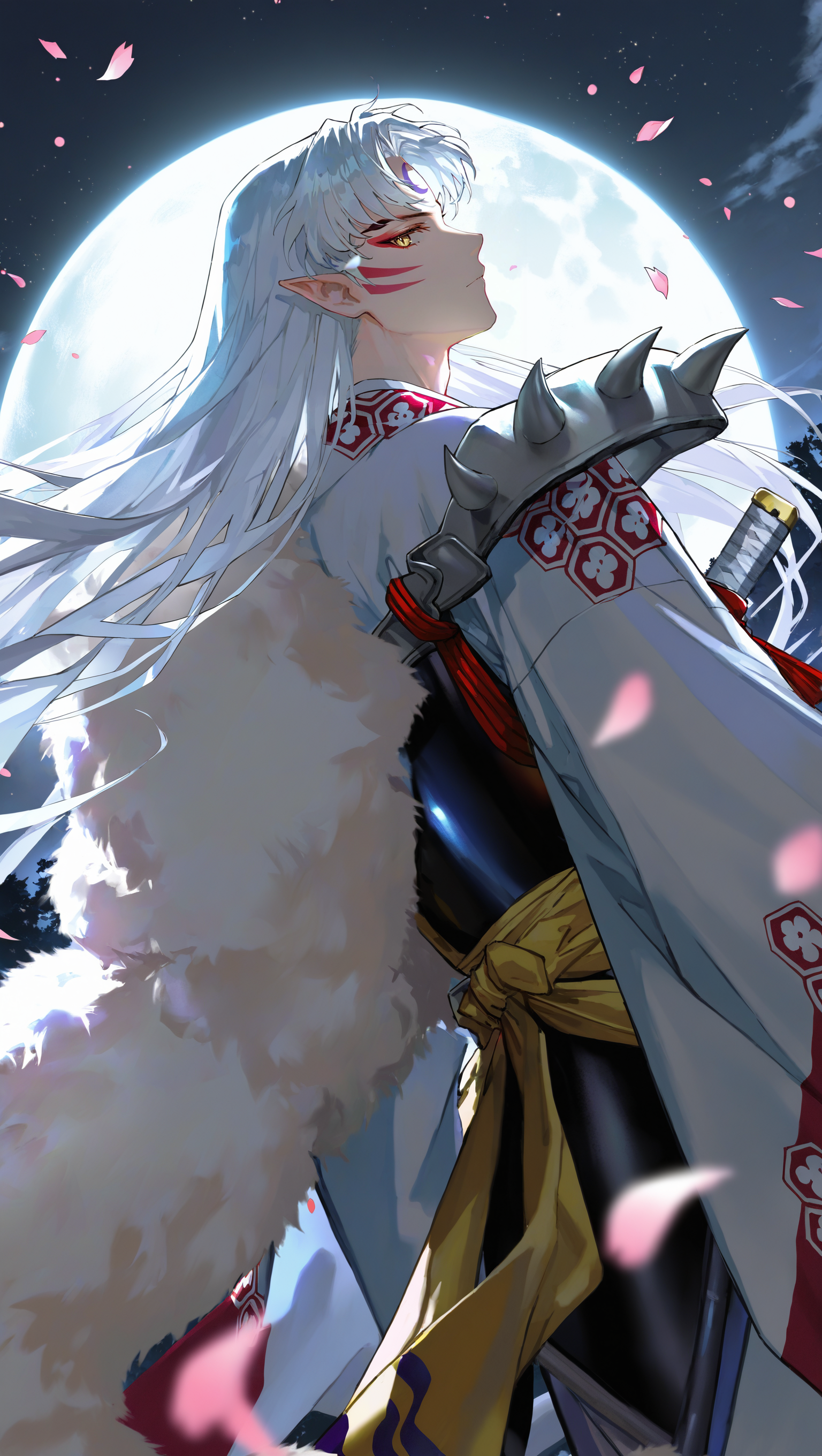 (artist:[diyokama|fuzichoco|yoneyama mai|lam \(ramdayo\)|quasarcake]:0.8), (takahashi rumiko \(style\):1.2),
sesshoumaru, inuyasha, 1boy, male focus, solo, yellow eyes, white hair, pointy ears, full moon, petals, looking at viewer, very long hair, armor, kimono, closed mouth, outdoors, forehead mark, looking back, crescent, night sky, profile,
dark, backlighting, depth of field, dutch angle,
masterpiece, best quality, very awa, absurdres
<lora:noobai_vpred_1_inuyasha_v1:1>
<lora:noobai_vpred_1_masterpieces_v1:1>