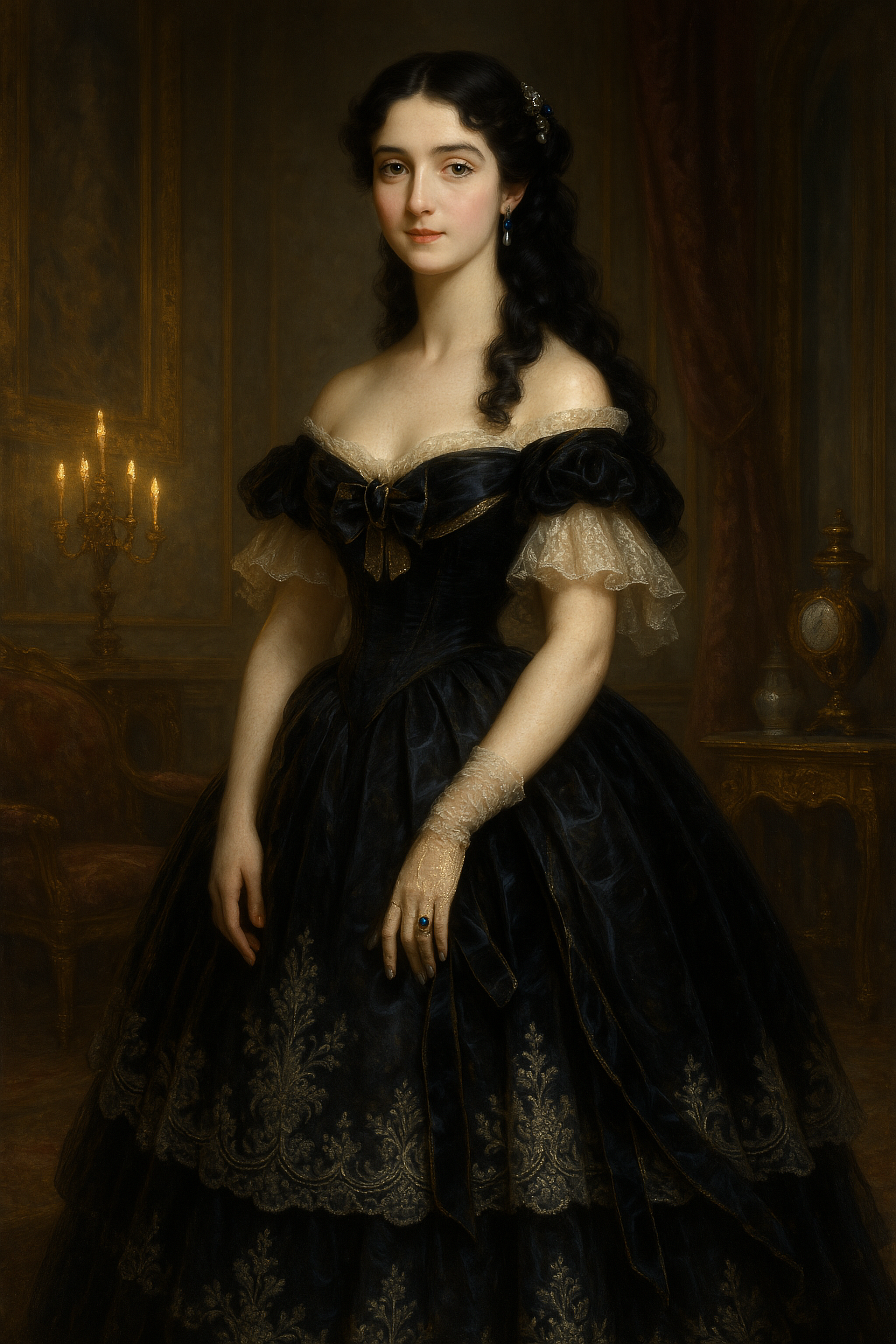 a masterfully painted classical portrait of a gorgeous young noblewoman, blending soft, luminous brushwork with meticulous detailing, evoking the grandeur and elegance of 19th-century aristocratic portraiture in the style of franz xaver winterhalter. she is standing gracefully at the center, her poised and dignified stance exuding refinement, her gaze captivating, with luminous porcelain skin and a faint, regal smile. cascading curls of long jet black hair frame her delicate features, elegantly pinned back with pearl and sapphire hair ornaments, soft, beautiful grey eyes reflecting the candlelight, her hands gently resting before her, one lightly grazing the folds of her gown, the other wearing a delicate lace glove and a gold ring set with a deep blue sapphire. the voluminous 19th-century ball gown is a breathtaking masterpiece of fashion, night black and gold satin, shimmering subtly in the candlelight, layered with sheer tulle and delicate lace accents, an intricate pattern of silver embroidery tracing floral motifs along the hem and luxurious bodice, a dramatic sweetheart neckline framed by puffed lace sleeves, a prominent bow in matching night black and gold satin at the bust, cascading velvet ribbons trailing down the tiered skirt, the opulent textures of fabric, lace, and embroidery captured with masterful precision. the background features a grand, dimly lit ballroom with towering paintings in gilded frames, a candlelit chandelier is casting a soft light, deep burgundy and gold brocade drapes frame the tall arched windows, a richly upholstered chaise lounge and an ornate carved wood side table adorned with fine porcelain and a gilded clock add to the opulence. three-quarter view portrait, slightly low angle, emphasizing the subject’s elegance and the grandeur of the setting, a balanced yet dynamic composition guiding the viewer’s eye from the subject’s luminous face to the intricate details of the gown and surrounding décor. soft chiaroscuro lighting, warm golden candlelight illuminating her features and fabric, subtle play of shadow and light adding depth and dimension, gentle reflections of candlelight flickering across the polished surfaces of the ballroom, accentuating the richness of the scene. painted on fine canvas with delicate, visible brushstrokes capturing the textures of satin, lace, and carved wood, the painterly approach lending a timeless, museum-worthy authenticity, colors rich and saturated yet softened by the interplay of light, evoking a sense of nostalgia and timeless beauty