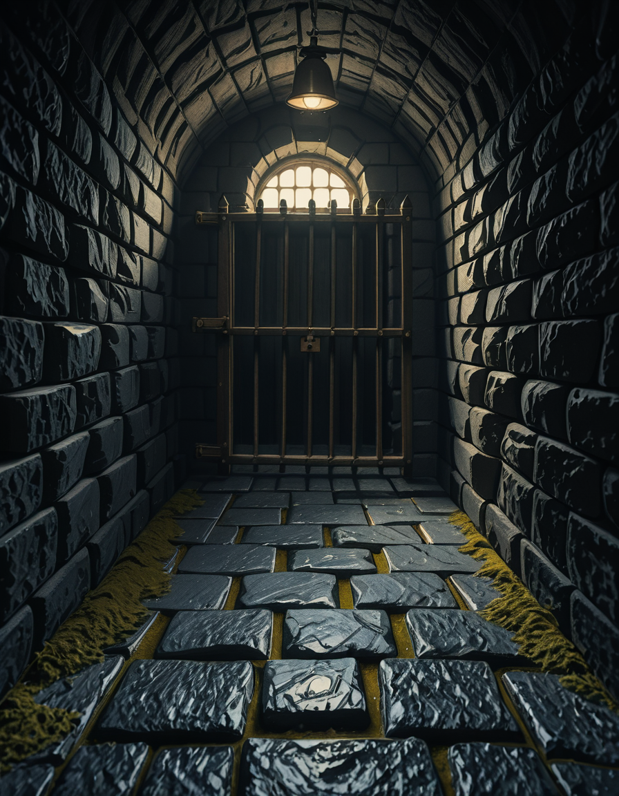 A highly detailed, hyper-realistic photograph of a dark medieval dungeon prison cell. The scene is dimly lit by a single flickering torch mounted on a damp stone wall, casting eerie shadows across the rough, moss-covered stones. Heavy, rusted iron bars form the cell door, slightly ajar, with visible corrosion and ancient padlocks. Inside the cell, there is a straw-covered floor, old wooden buckets, and a crude, splintered wooden bench against the back wall. Chains and manacles hang loosely from the walls, showing signs of long-term use. The atmosphere is cold, humid, and oppressive, with faint light rays piercing through tiny cracks in the stone ceiling. Cobwebs stretch across the corners of the cell, and faint water drips from above, creating small puddles. The overall mood is grim, desolate, and foreboding. Photorealistic style, with high dynamic range (HDR) lighting and extreme attention to textures like rust, moisture, and decay.
<lora:SDXLFaeTastic2400:0.4> <lora:extremely_detailed:0.4> extremely detailed,medieval dungeon pr1s0n c3ll <lora:medieval_dungeon_pr1s0n_c3ll-i:1>, Masterpiece,best quality,hi res,8k,hi res,8k,award winning,(sharp focus, intricate, highly detailed),