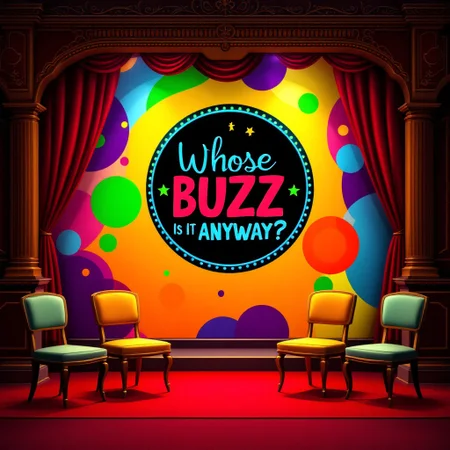 Design a stylized stage background for an improv comedy show titled 'Whose BUZZ Is It Anyway?'. The set features a vibrant and colorful backdrop with abstract swirls and shapes. The title, written in bold, playful font, stands out in the center, with silhouettes of four comedians in a circular emblem near the text. The scene has a cozy, vintage theater vibe, with ornate woodwork and soft lighting highlighting the red velvet floor and simple chairs arranged on stage. The atmosphere is inviting, humorous, and lively, perfect for an energetic live performance.