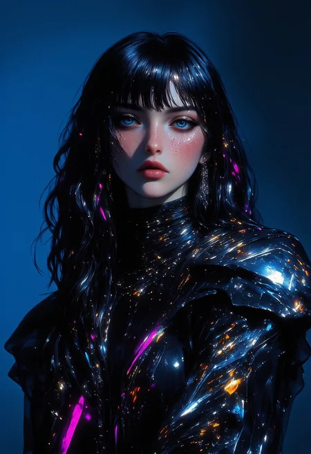 High-resolution editorial fashion photography, A fashion-forward woman stands poised against a minimalist backdrop of midnight blue, her attire a daring interplay of sharp lines and translucent layers, veiling her like delicate armor. Her outfit fuses futuristic textures with the fluid grace of avant-garde silhouettes—hints of reflective silver and ink-black, like liquid night. The effect is otherworldly, a vision of elegance crossed with an edge. Her hair is sleek, her expression untamed, a muse for an age that’s yet to arrive. Poised, enigmatic, with intense eye contact. mythp0rt, velvet_myst, midjourney_whisper_avant_couture, ne0nfant4sy,