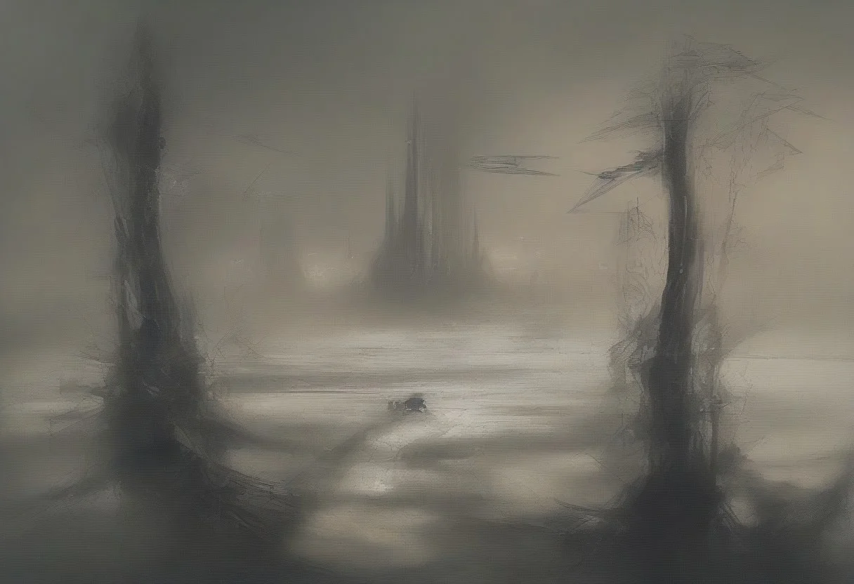 "A surreal, abstract biomechanical landscape inspired by HR Giger. In the foreground, a humanoid figure kneels with an exposed ribcage made of fused bone and wires, forming an open heart-shaped cavity that glows faintly with dying red light. The figure’s body is a mix of flesh, metal, and decay — tubes, sinews, and gears intertwine through their limbs. The face is shadowed, expression sorrowful and hollow. In the distance, a shadowy feminine figure dissolves into the environment — becoming smoke, glass, or bone — symbolizing emotional detachment. The sky is dark and alien, covered in twisted spires and organic tendrils, evoking loss, transformation, and painful rebirth. The overall mood is tragic, poetic, and intense, with detailed textures of wet steel, rotting petals, and pulsating scars." Tron style