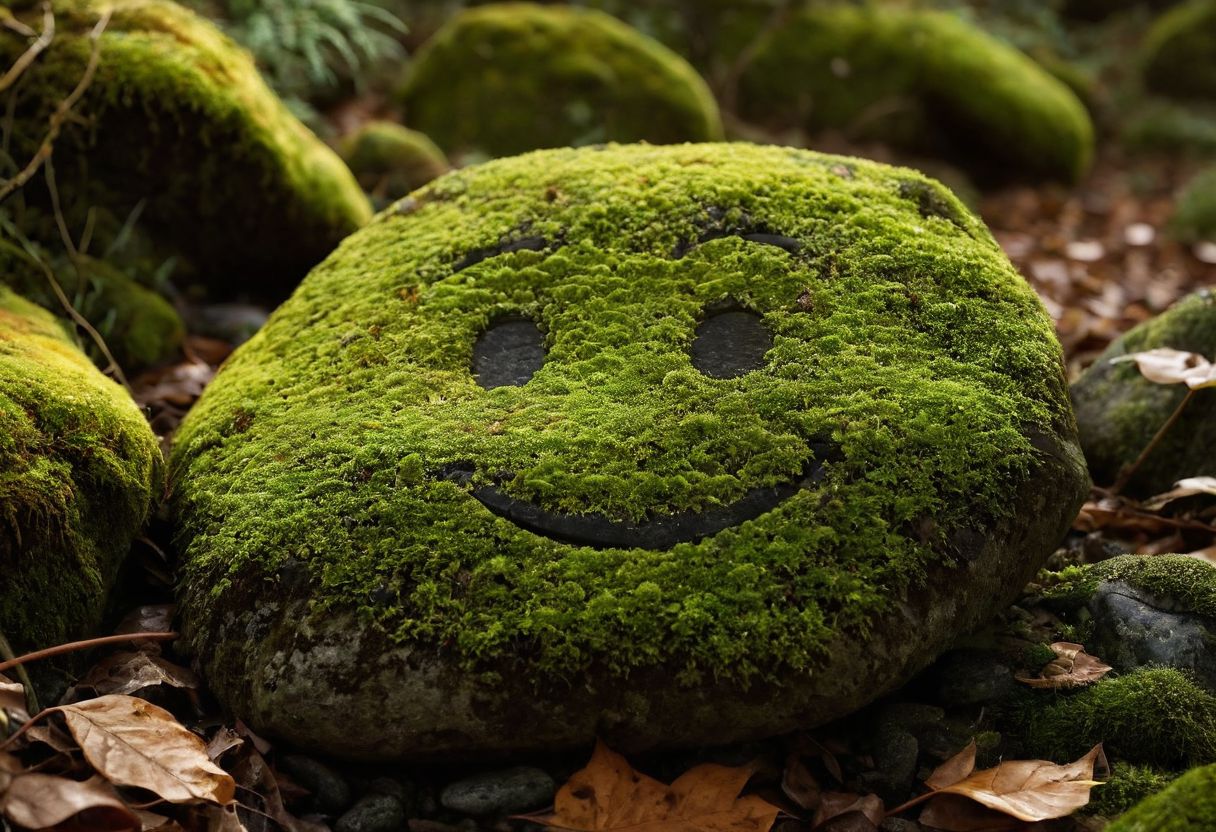 CINEMATIC SHOT,professional photo by Caravaggio of  wild nature,Sachalin,autumn, (stone with smug emoji face covered in moss:1.8), blurred background, 
rule of thirds,view from surface,(by Christopher Nolan:1.4),F11,(DOF, Cinematic Color grading, intricate, hyper realistic, detailed, flickr, cinematic lighting),<lora:Wild_nature_XL:1>,<lora:add-detail-xl:1>,