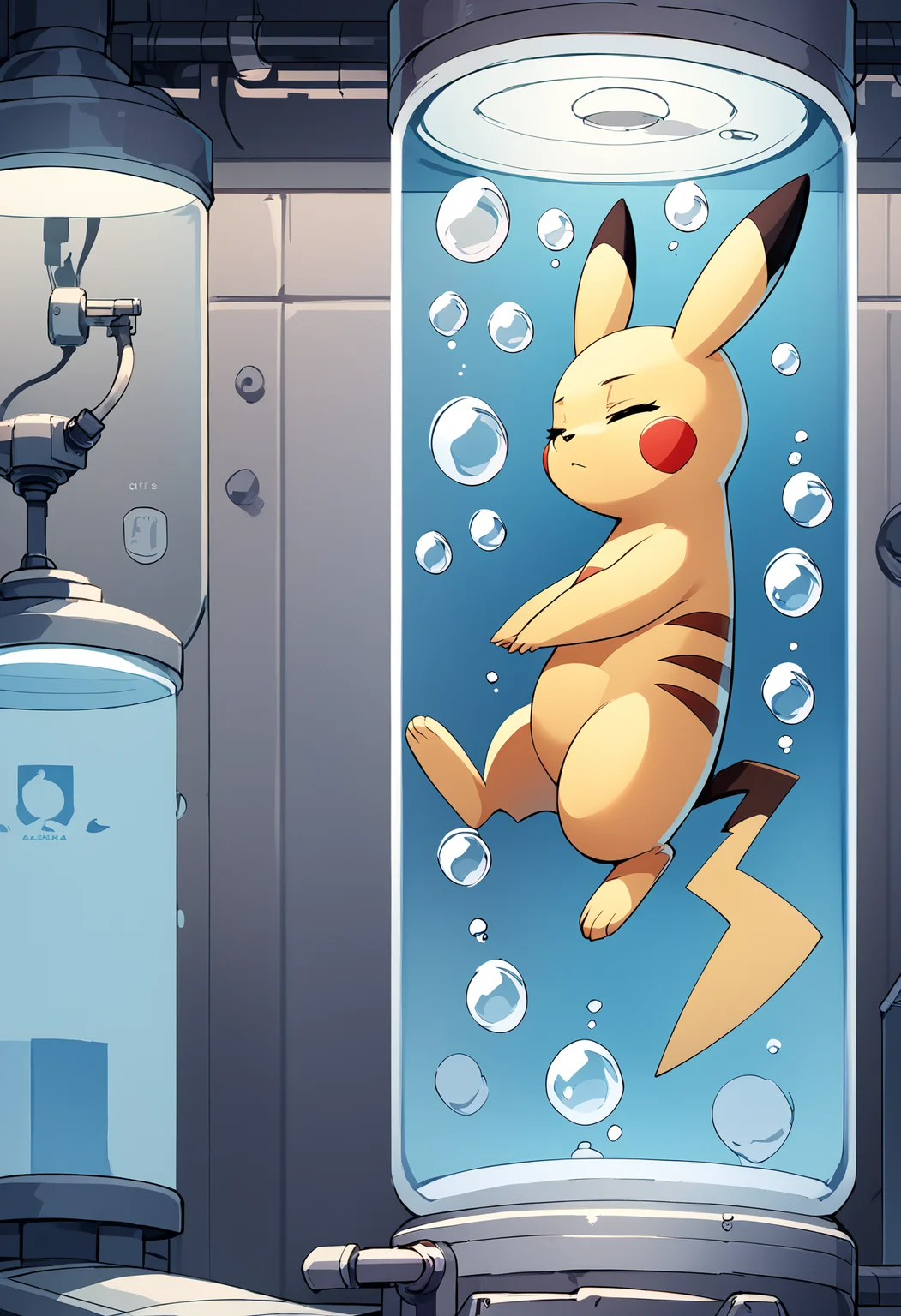 score_9, score_8_up, score_7_up,rating_explicit,soft shadows,masterpiece,4k,best quality, hires, solo, close up, stasis tank, inside-stasis, pokemon, pikachu, water, floating, closed eyes, bubbles, vat, tube, cables, expressionless, laboratory, from side
<lora:Stasis Tank (pony) v1:1> <lora:CitronAnimeTreasure-07:0.8>