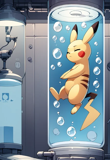score_9, score_8_up, score_7_up,rating_explicit,soft shadows,masterpiece,4k,best quality, hires, solo, close up, stasis tank, inside-stasis, pokemon, pikachu, water, floating, closed eyes, bubbles, vat, tube, cables, expressionless, laboratory, from side
<lora:Stasis Tank (pony) v1:1> <lora:CitronAnimeTreasure-07:0.8>