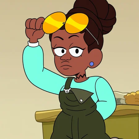 score_9, masterpiece, 1girl, Solo, female focus, JasmineW_Cotc, brown skin, black eyes, dark brown hair, hairstyle in a high bun, yellow sunglasses on head, small blue earrings, black choker, long sleeve aquamarine shirt, nori seaweed green overalls, white sneakers with yellow details, big eyes, tall stature, standing, cowboy shot, room background, looking at viewer, perfect eyes, detailed eyes