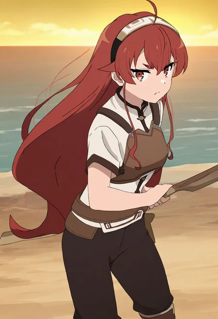 masterpiece, best quality, newest, absurdres, highres, detailed eyes, beautiful, detailed background, perfect eyes, anime coloring, 1girl, solo, eris greyrat, red hair, very long hair, hair between eyes, sidelocks, ahoge, black headband, thick eyebrows, red eyes, small breasts, ErisCombat1, white shirt, short sleeves, (armor, breastplate), black pants, boots, looking at viewer, (holding sword, wooden sword), half-closed eyes, annoyed, (outdoors, ocean, yellow sky), <lora:eris_mskt_xl_v2:0.8>