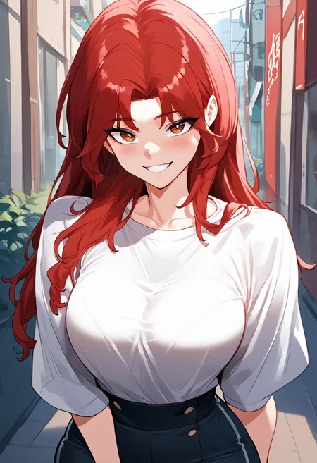 zPDXL3, score_9_up, score_8_up, score_7_up, (Anime_source), 1girl, SoYoomin, red eyes, red hair, long hair, cowboy shot, looking at viewer, smile, light blush, NFSW, red theme,