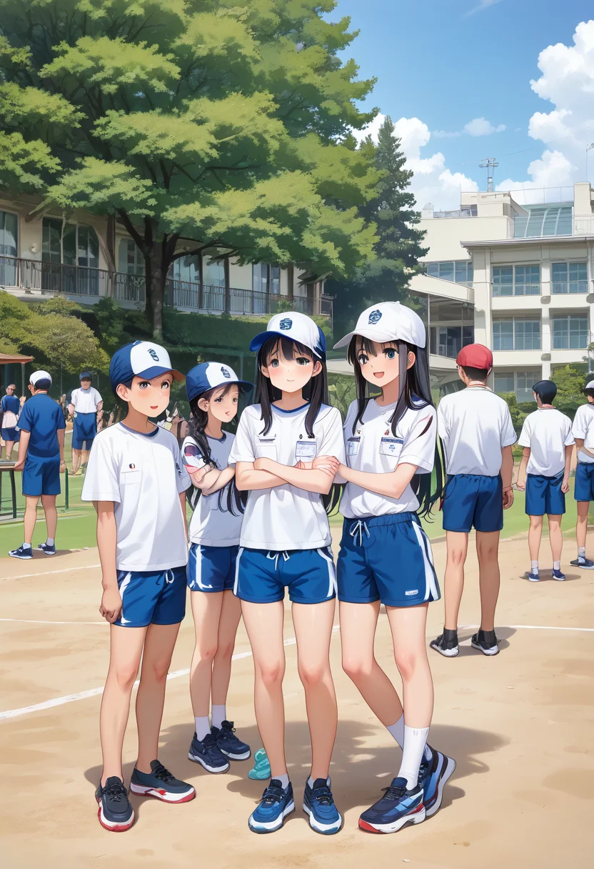 score_9, score_8_up, score_7_up, rating_safe, masterpiece, best quality, absurdres, unity 8k wallpaper, official art, official style, source_anime, uncensored, game cg, megami magazine,
tyoureidai, koutei, photo background, multiple boys, hat, outdoors, multiple girls, 6+boys, shorts, tree, long hair, sportswear, shirt, building, black hair, braid, day, black hair, scenery, white shirt
 <lora:gakkou_ground_PONY_V1:1>