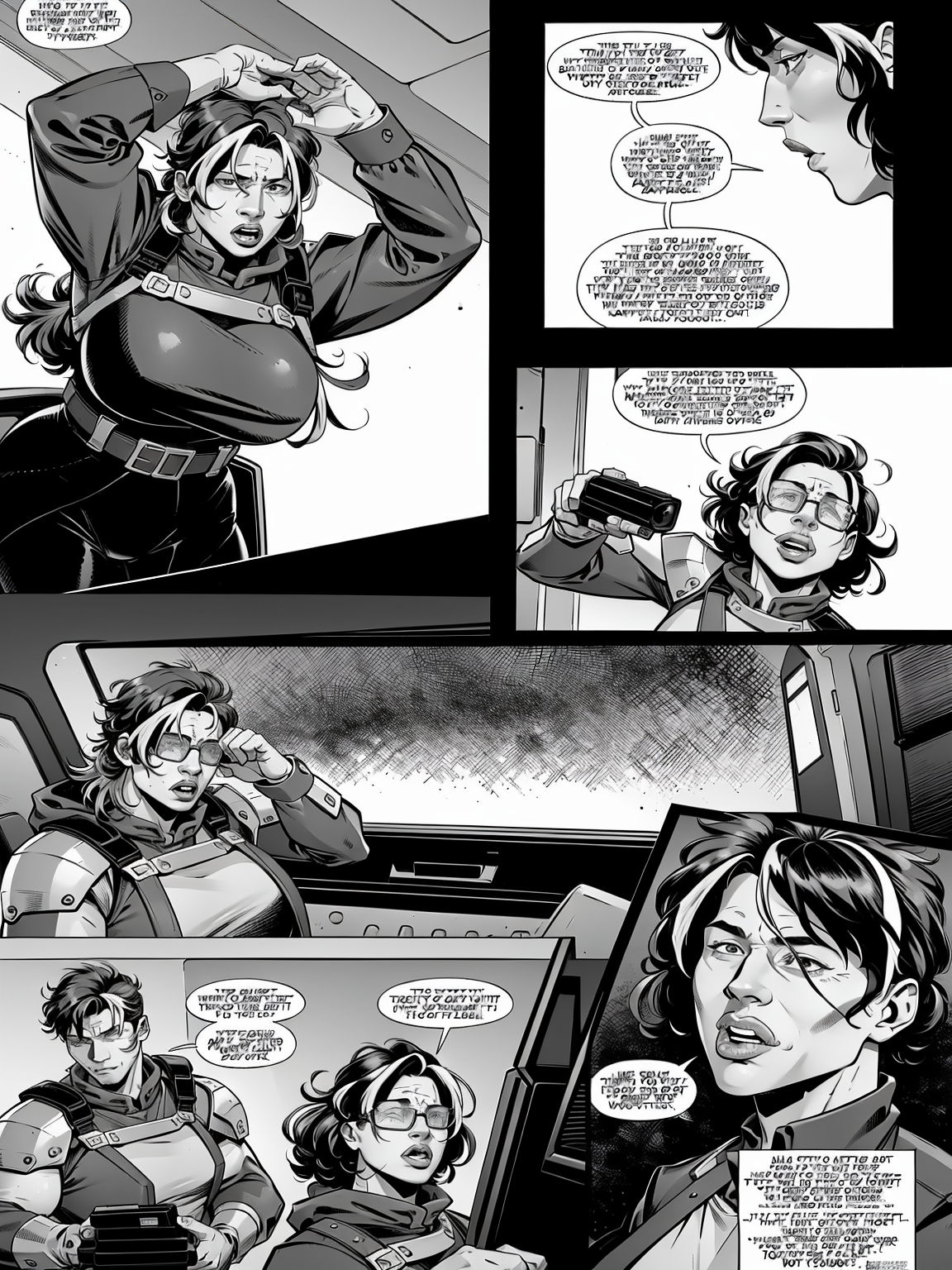 (Realistic:1.5) (masterpiece) parody, 1boy, cyborg, salute, seatbelt, breasts, 5boys, destruction, streaked hair, science fiction, 2girls, no humans, scenery, facial hair, teeth, muscular, comic, long sleeves, old, holding cup, thick thighs, mask, tongue out, speech bubble, wings, horror (theme), forest, science fiction, car interior, holding gun, <lora:EdobComic01_v1.0:0.8>