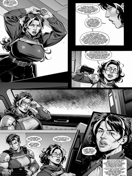 (Realistic:1.5) (masterpiece) parody, 1boy, cyborg, salute, seatbelt, breasts, 5boys, destruction, streaked hair, science fiction, 2girls, no humans, scenery, facial hair, teeth, muscular, comic, long sleeves, old, holding cup, thick thighs, mask, tongue out, speech bubble, wings, horror (theme), forest, science fiction, car interior, holding gun, <lora:EdobComic01_v1.0:0.8>