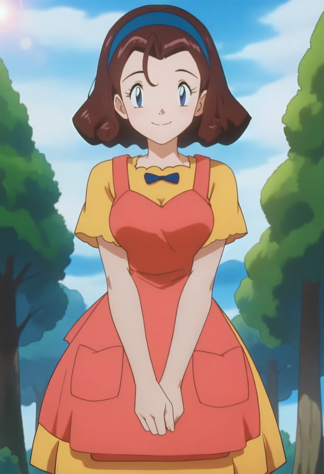 score_9, score_8_up, score_7_up, score_6_up, anime screencap, anime coloring, <lora:PMReiko_epoch_10:0.9>, PMReiko, 1girl, solo, brown hair, blue hairband, short hair, blue eyes, breasts,
pink apron, yellow dress, short sleeves, green shoes,
looking at viewer, smile, v arms, cowboy shot,
BREAK blue sky, sunlight, day, sunbeam, outdoors,