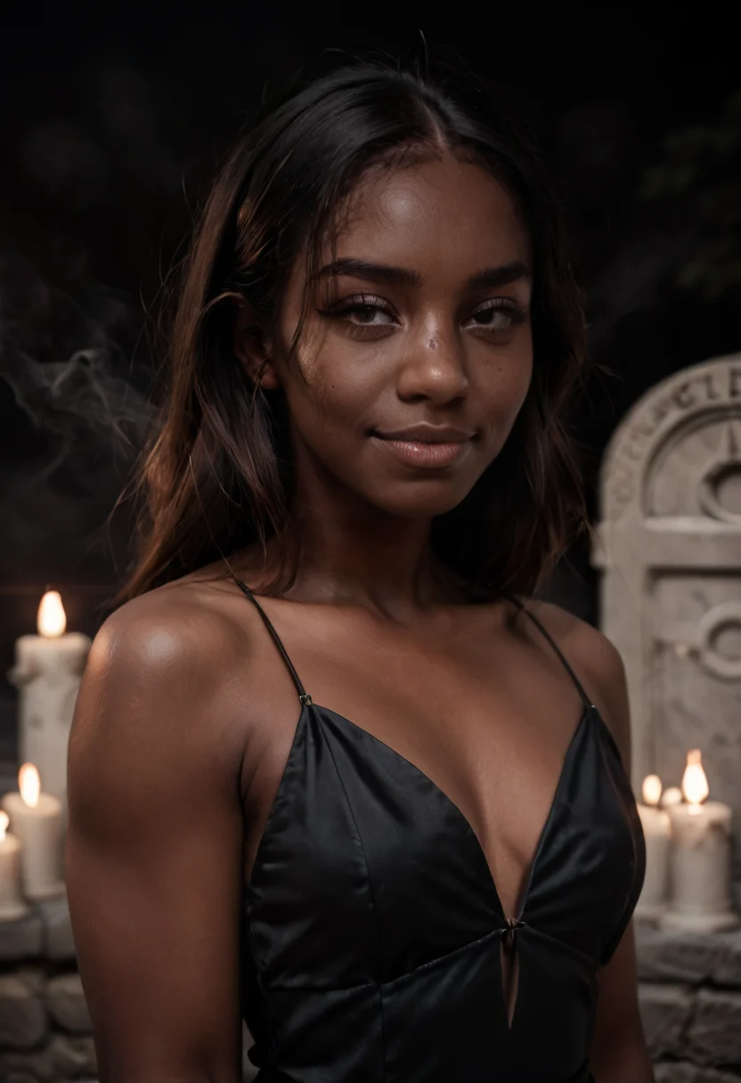 zPDXL2, j4d4, dark skin, smile, black dress, cemetery, <lora:Jada_Nobody_-_PDXL:0.7> <lora:43stl1ght1ngXLP2:0.6> 43stl1ght1ng, low light, dramatic lighting, smoke