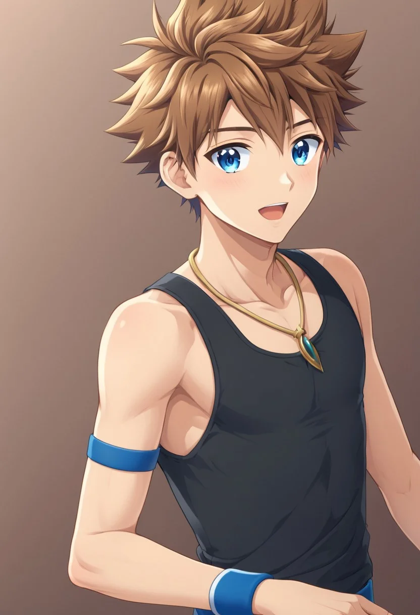 kenji sato v1, brown hair, spiky hair, blue eyes, solo focus, 1boy, solo, necklace, blue hand band, black tank top