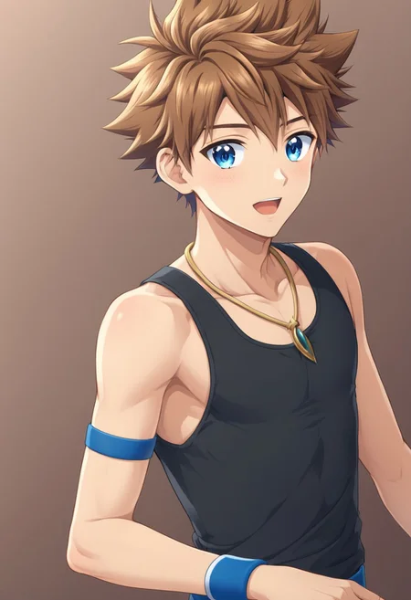 kenji sato v1, brown hair, spiky hair, blue eyes, solo focus, 1boy, solo, necklace, blue hand band, black tank top