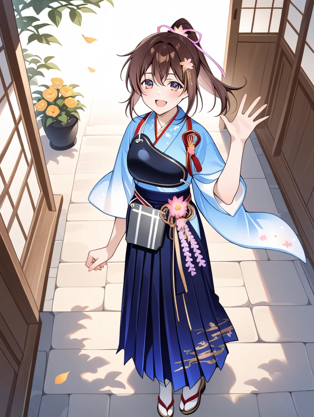 perfect quality,best quality,absolutely eye-catching,ambient occlusion,raytracing BREAK
1girl,<lora:houkyuu IL v1.1:0.8>,houkyuu,brown hair,ponytail,hair ornament,blue japanese clothes,blue print hakama,wide sleeves,muneate,flower,wide sleeves,solo,zouri,tabi,from above,waving,