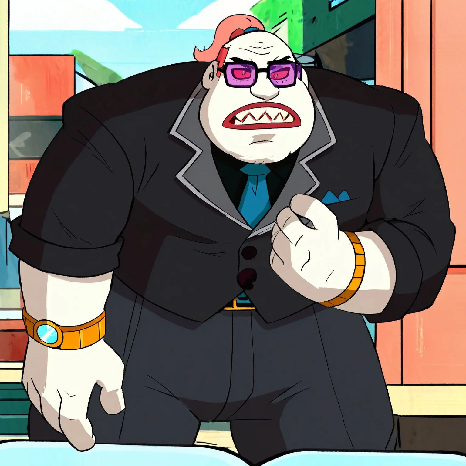 score_9, score_8, score_7, score_6_up, (zombozo, casualbozo-outfit, fat man, solo, male, red hair, bald, ponytail, sunglasses, tinted eyewear, black nose, red lips, sharp teeth, buisness suit, blue necktie, buttons, rolled-up sleeves, gold wristwatch,) scenery, masterpiece, best quality, very aesthetic,