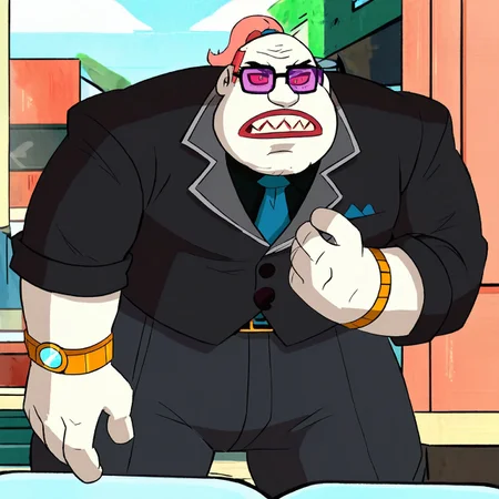 score_9, score_8, score_7, score_6_up, (zombozo, casualbozo-outfit, fat man, solo, male, red hair, bald, ponytail, sunglasses, tinted eyewear, black nose, red lips, sharp teeth, buisness suit, blue necktie, buttons, rolled-up sleeves, gold wristwatch,) scenery, masterpiece, best quality, very aesthetic,