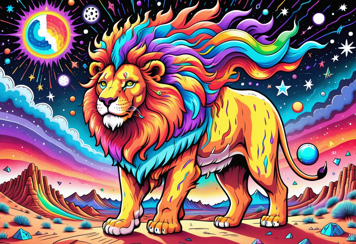 A huge incredible lion is walking along the colorful psychedelic desert. the lion's mane shimmers with all the colors of the rainbow. it feels like a lion is burning with a multicolored flame. background:  ((black night)) with rare large stars. the inscription on the picture: "Graógramán", addotional tail