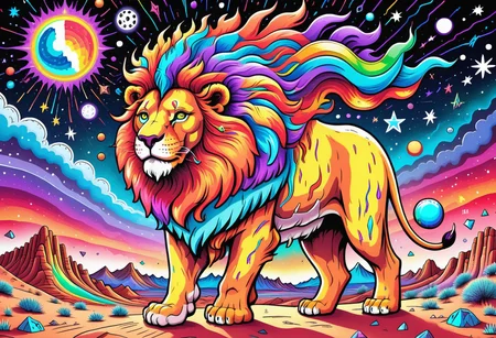 A huge incredible lion is walking along the colorful psychedelic desert. the lion's mane shimmers with all the colors of the rainbow. it feels like a lion is burning with a multicolored flame. background: ((black night)) with rare large stars. the inscription on the picture: "Graógramán", addotional tail