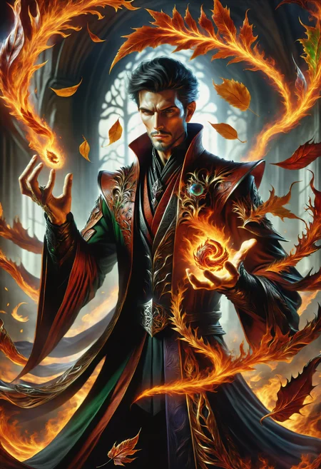 hyper detailed masterpiece, dynamic, awesome quality, a male chronomancer conjuring infernal leaf DonMM4g1cXL magic, <lora:DonMM4g1cXL_v1.2:1>, Perfect Hands, <lora:Perfect Hands:1>
