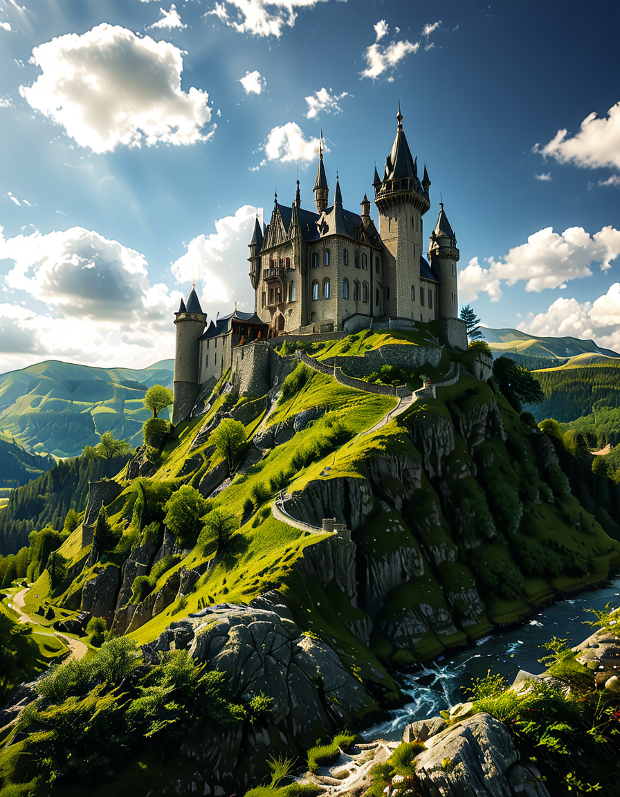 A realistic photograph of a grand medieval castle,medieval c4stl3, perched atop a rugged hill, surrounded by a scenic landscape. The castle is constructed from weathered gray stone, with tall, imposing towers, battlements, and a fortified wall encircling its perimeter. A large central keep rises above the other structures, its windows narrow and arched, evoking a sense of strength and history.
The hill is covered in patches of green grass and rocky outcrops, with a winding dirt path leading up to the castle gates. In the foreground, the surrounding countryside stretches out, dotted with small trees and wildflowers, while in the distance, rolling hills and a faint mist add depth and atmosphere to the scene. The sky above is partly cloudy, with rays of sunlight breaking through, casting dramatic shadows on the castle and hill.
The overall mood is majestic and timeless, capturing the grandeur and mystery of medieval architecture in harmony with its natural surroundings.<lora:SDXLFaeTastic2400:0.4> <lora:extremely_detailed:0.4> extremely detailed, <lora:medieval_c4stl3:1>, Masterpiece,best quality,hi res,8k,hi res,8k,award winning,(sharp focus, intricate, highly detailed),