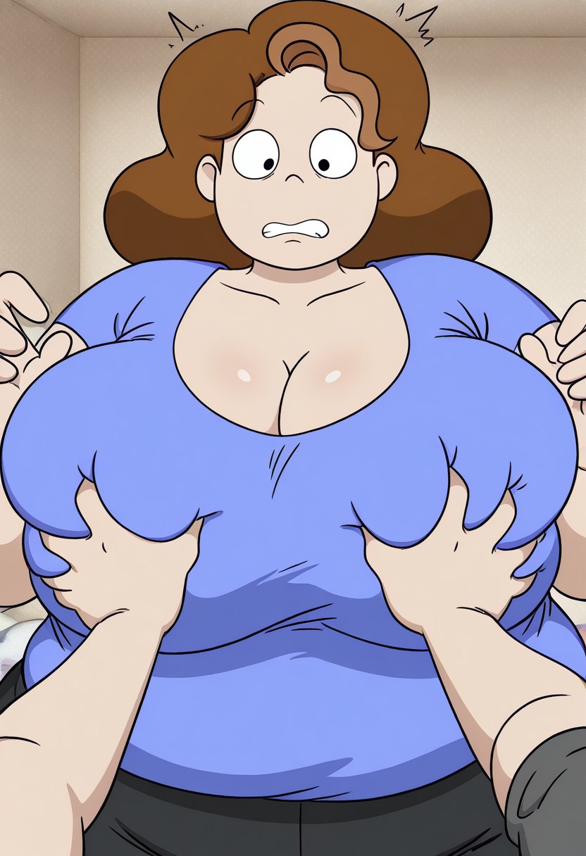 official art,art accurate,screencap,accurate,1female,solo
looking at viewer
,black eyes,dot eyes,black dot eyes,,,,,,,huge breasts,bbw,fat,brown hair,plump
blue shirt,cleavage,black pants,looking at viewer, breast grab),  grab, deep skin, shocked,confused, surprised,scared,clenched teeth, bedroom, looking at viewer, upper body, 1boy, breast grab by another