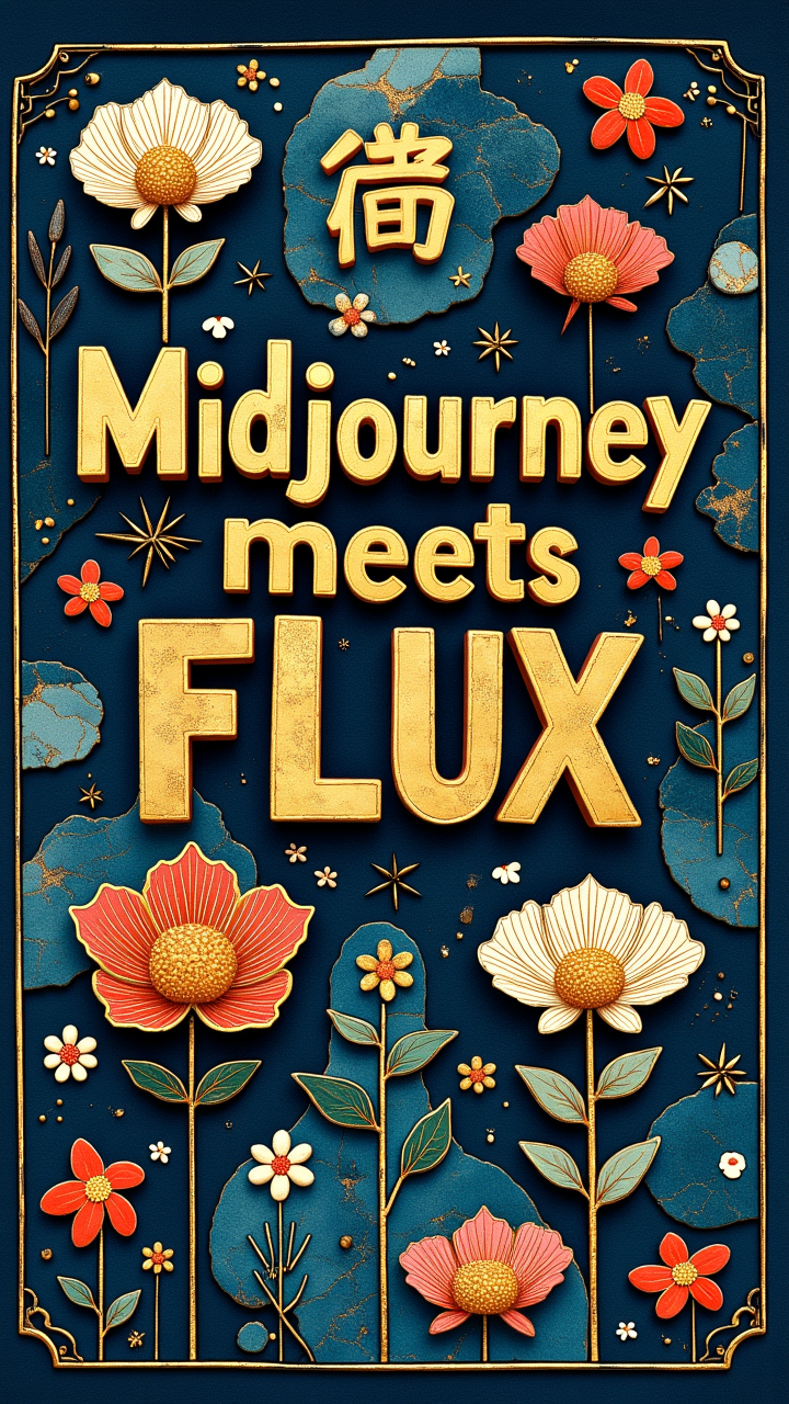 magic artwork with the magic text:"Midjourney meets FLUX" shines in bold, glowing typography  , aidmamj6.1