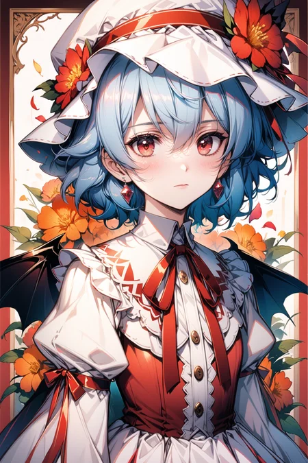 1girl,solo,wings,remilia scarlet,hat,flower,red eyes,long sleeves,looking at viewer,ribbon,blue hair,bat wings,puffy sleeves,short hair,juliet sleeves,red flower,mob cap,red ribbon,dress,upper body,bangs,hair between eyes,earrings,frills,jewelry,closed mouth,hat ribbon,blush,white dress,petals,hat flower,orange flower,neck ribbon,eyelashes,buttons,breasts,white headwear,red dress,border,expressionless,<lora:flyx3_XL:1>,