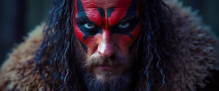 An extreme close-up of the Viking chief's face, focusing on the intricate tribal panther makeup and the texture of his weathered skin. The shallow depth of field blurs the background, drawing attention to his piercing, serious eyes. Hard rim lighting creates a dramatic contrast between the red and black makeup. Captured with Sony A1 camera with 85mm f/1.4 GM lens and f/1.4, 1/200s, ISO 100 Exposure