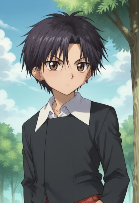 score_9, score_8_up, score_7_up, source_anime, highly detailed,
natsume, 1boy, solo, black hair, short hair, brown eyes, shorts, red shorts, plaid shorts, school uniform, black sweater, shirt, white shirt, long sleeves, earrings, jewelry, upper body
outdoor, sky, clouds, tree