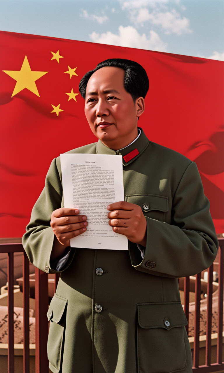 Top Atmosphere Photography Works, extremely realistic, film texture,
﻿
masterpiece, best quality, photorealistic, (Extremely realistic, top quality, official art, beautiful and aesthetic:1.2), 4k, 8k, very rich details, 
﻿
buttoned up to the top, short, undulating hills in the background under a clear, known as a "Mao suit, featuring a man reading a document. The man, Mao. The image is a colorized photograph of a man, standing in front of a red background with a large, suggesting it's a serene, looking at the viewer, The document clearly states the words' Great BUZZ Revolution '
﻿
very strong contrast, dramatic lighting,
strong visual contrast,  perfect cue,
cinematic film style, special effects, VFX, award-winning picture, highly detailed, ultra-high resolutions, 32K UHD, sharp focus,
﻿
(photorealistic:1.5), (Extremely realistic, masterpiece, top quality, official art, best quality, beautiful and aesthetic:1.2), 4k, 8k, 
very rich details, 