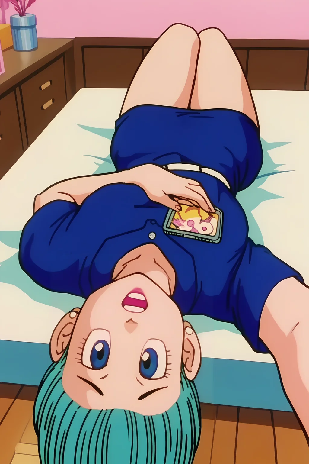 source_anime, score_9, score_8_up, score_7_up, anime screencap, high quality, 8k, absurdres, official style,
bulma, raditz saga, very short hair, aqua hair, blue eyes, high ponytail,
earrings, open collar, short sleeves, collarbone, collared shirt, shirt tucked in, blue shirt, miniskirt, blue skirt,
indoors, lying on back, selfie, from above, looking at viewer, open mouth, teeth, knee up
<lora:bulmaDBZ_pony_v2:0.8>