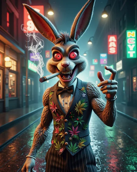 weed, Bugs Bunny looking euphoric with bloodshot eyes smoking a fat cigarette, looking cool in a waistcoat and pinstripe pants, dopehead<lora:Comedy\new-weed.safetensors:1.0:1.0>