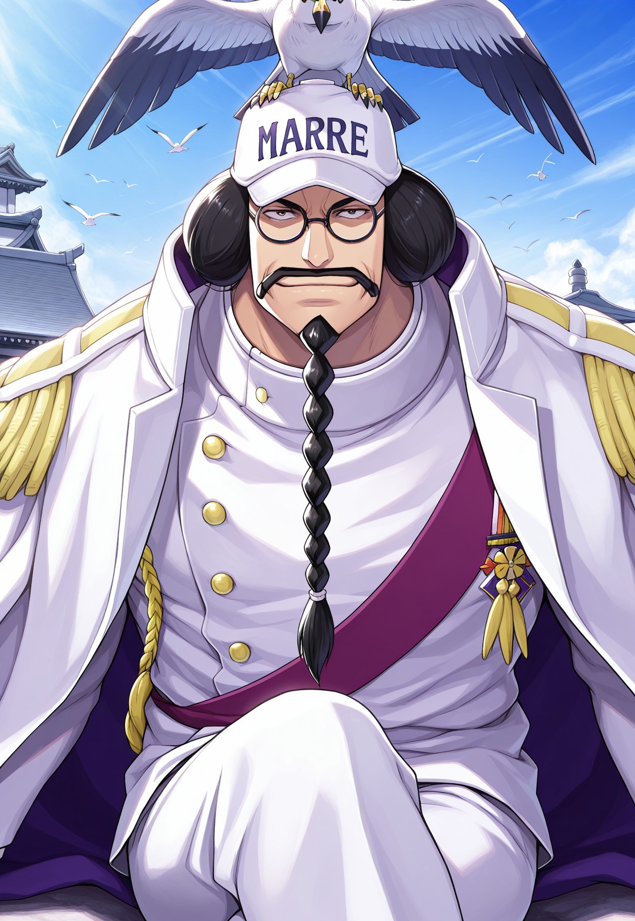 solo, masterpiece, modern, new, 1boy, male, masculine face, daddy looking face,

OPSengoku, black hair, mustache, braided beard, glasses, hat, white uniform, headshot, looking at viewer, smiling, bird, sitting down