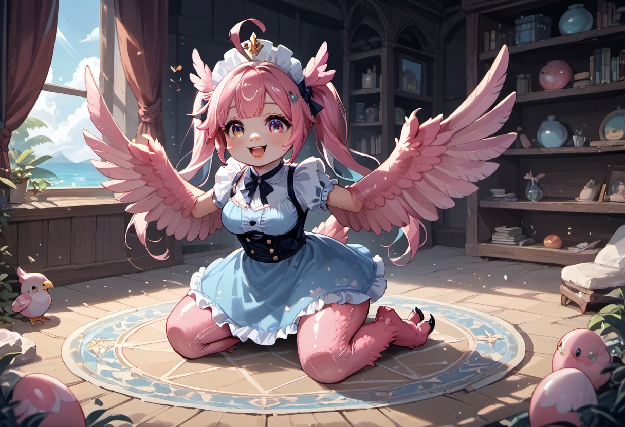 best resolution,score_9,score_8_up,score_7_up,score_6_up,score_8,score_7,score_6,best quality,masterpiece,source_anime,fantasy,beach background,1girl,solo,kawaii,cute,chibi,1girl, winged arms,pink harpy,medium breasts, blue dress, (indoors:1.3), castle,expressiveh,happy,smile,detailed eyes, inflating wings,glossy wings,