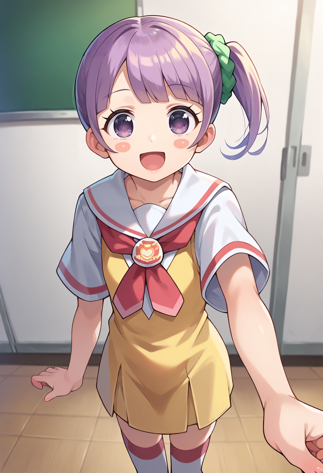 score_9, score_8_up, score_7_up, score_6_up, score_5_up, score_4_up, source_anime,
defnonb, side ponytail, hair scrunchie, blush stickers, 
school uniform, yellow dress, white sailor collar, short sleeves, thighhighs, striped,
looking at viewer, smile, open mouth, 
<lora:_manaka_non-elesico-pony-e12:0.9>