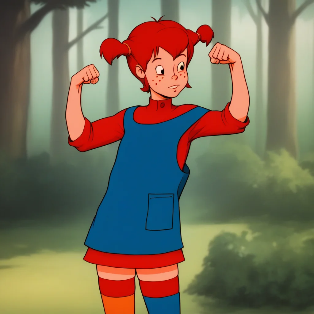 score_8_up, BREAK, Pippi, 1girl, solo, red hair, short twintails, black eyes, freckles,  red dress, blue dress overalls, mismatched  thighhighs,  mismatched legwear, multicolored legwear, 
<lora:Pippi_Longstocking_PXL_Leaf1:1>, forest, blurry background,   flexing, cowboy shot,
