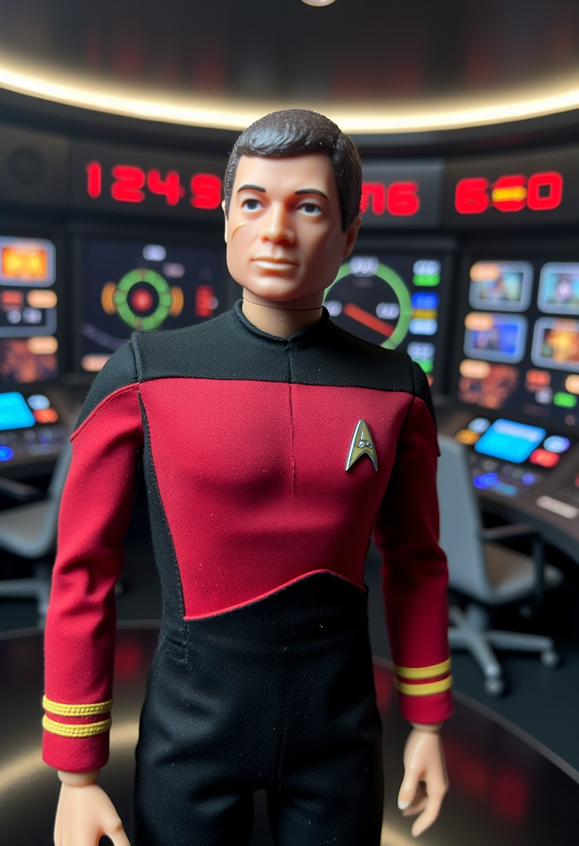 A cinematic shot of <lora:Gi-Joe_Flux:1> Gi Joe as a Starfleet captain, wearing Star Trek uniform, standing in the bridge of starship Enterprise. <lora:Dever_Flux_Enhancer:0.5>