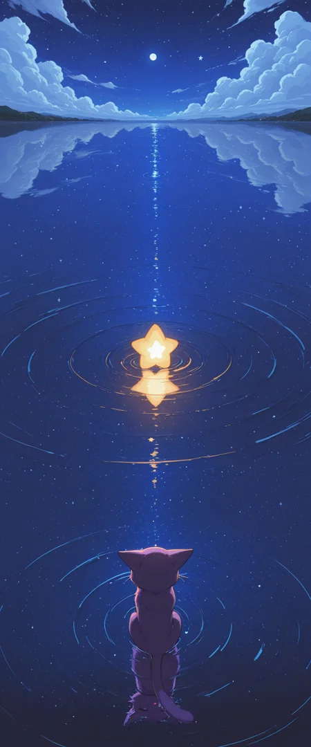 cute style, star_(sky), sky, cloud, cat, night, no_humans, starry_sky, night_sky, star_(symbol), reflection, reflective_water, water, moon, purple cat, closed eyes, calm, small boat, leaf boat, floating, glowing stars, star-shaped objects, water reflection, ripples, deep blue sky, whimsical, dreamlike, fantasy setting, soft lighting, glowing effect, surreal, Masterpiece, best quality, amazing quality, highres, absurdes, n0riuma_illu, 4ur4_illu, H4ru_illu, <lora:fd42de01-c707-4020-93ca-778ac7fd86aa:0.8>, <lora:3de9c4aa-959d-49dc-9a1d-352af9867780:0.7>, <lora:3c09207c-af0e-4528-95c6-694bb1e127d3:0.7>, <lora:05d0def5-1dce-4ae4-918a-2cdb8c311080:0.4>