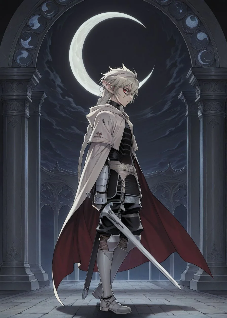 masterpiece, best quality, arms at sides, male focus, 1boy, male, looking at viewer, full body, crescent moon, night, gothic background, facing to the side, holding sword,
<lora:Koinzell:0.8>, Koinz0l, red eyes, platinum blonde hair, scar across eye, pointy ears, twin braid, platinum blonde eyelashes, cape, hooded cloak,
