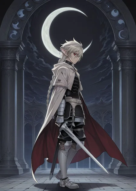 masterpiece, best quality, arms at sides, male focus, 1boy, male, looking at viewer, full body, crescent moon, night, gothic background, facing to the side, holding sword,
<lora:Koinzell:0.8>, Koinz0l, red eyes, platinum blonde hair, scar across eye, pointy ears, twin braid, platinum blonde eyelashes, cape, hooded cloak,