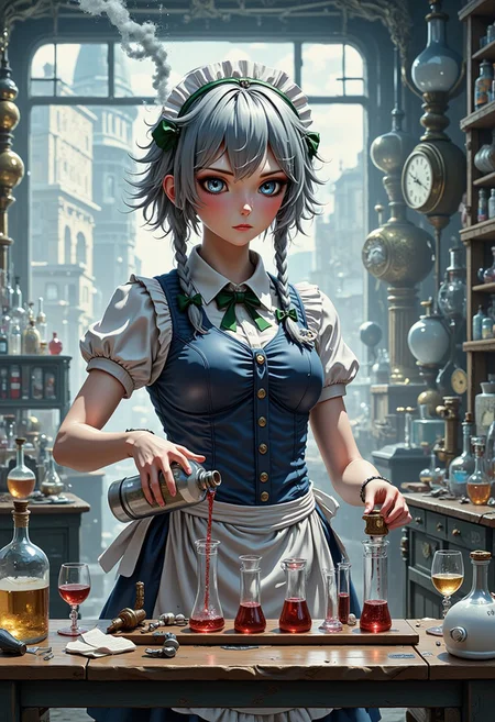 A masterpiece, ultrarealistic, natural colours of morning light, photorealistic scene, intricate interior of a laboratory, rich in detail, chemistry equipment in the background, a clock, (flat chest, lean, small-breasted, tiny tits, bustless, unbuxom, nothing clingy, no make-up, please AI stop that nonsense:2),
flat chested scientist Izayoi Sakuya with intelligent concentrated face with no make-up is leaning over table, holds a wine bottle and pours wine into a row of steaming test tubes lined on the table, petite, slim, slender, short silver hair, twin braids, green bows, green bowtie, loose blue maid uniform, mid dress, maid headdress, detached collar, white apron, pocket watch, 
<lora:Hand v2:1.1> Detailed hand, Hand, Perfect hand, 
<lora:best_of_flux_v30_rank64_bf16-step01750:1> best_of,