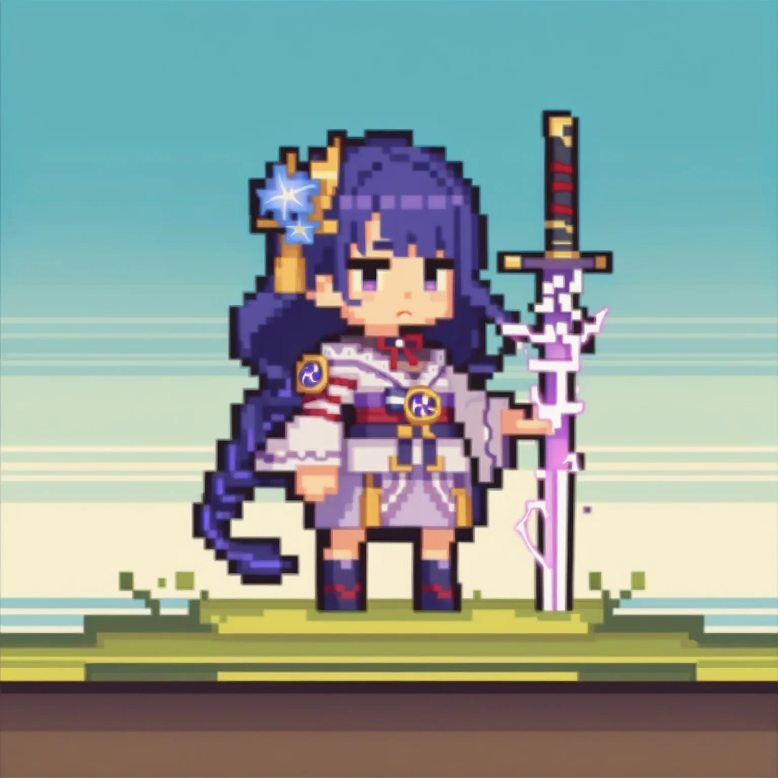 score_9, score_8_up, score_7_up, source_anime, 1girl, chibi, pixel art, full body, <lora:ChibiPixelArt_XLPD:0.8>, raiden shogun, <lora:HumanScabbardV2_XLPD:1> human scabbard, holding, holding weapon, holding sword, electricity, cleavage