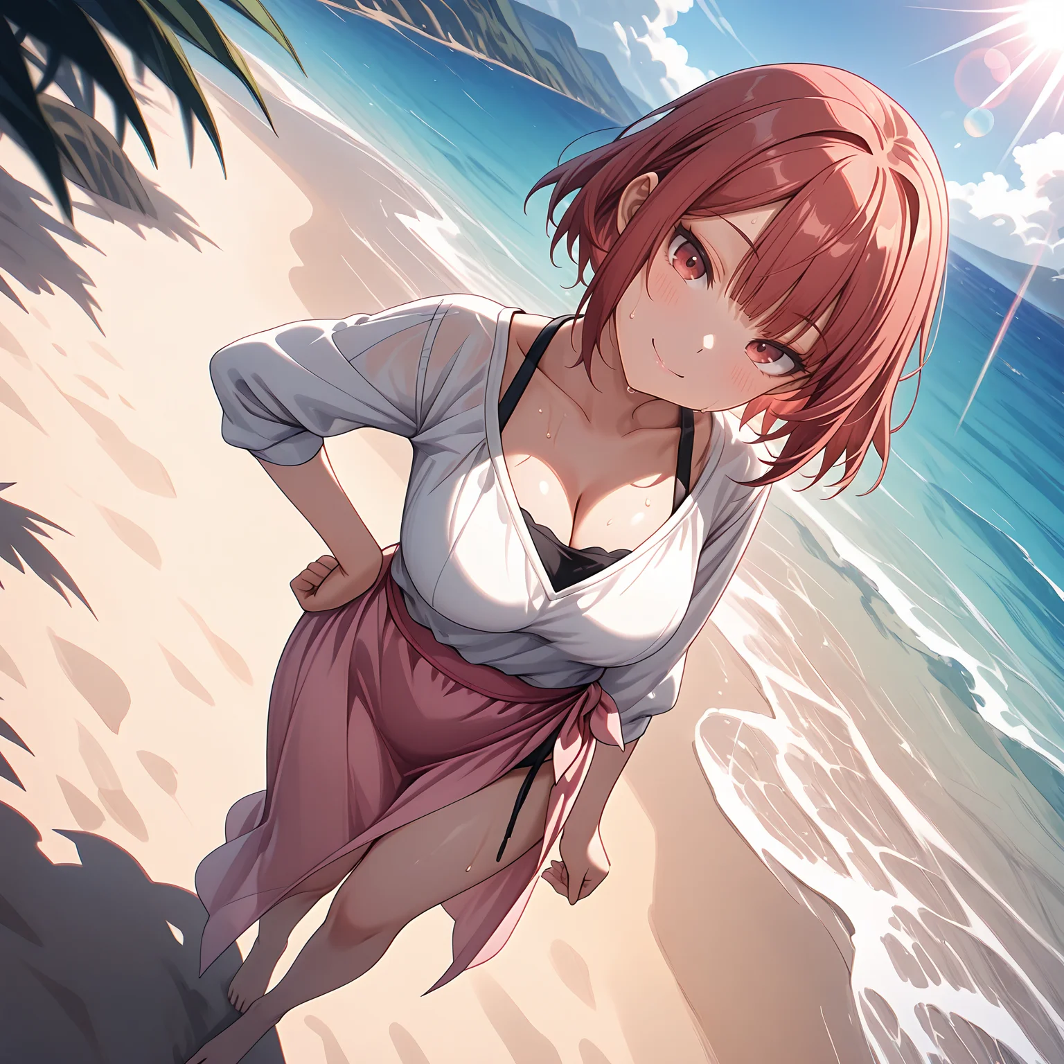 masterpiece,best quality,amazing quality, depth of field, lens flare, (beach:1.1), sunlight, <lora:Miho_Tsujinaka_Kono_Koi_ni_Kizuite:0.7> mitsko, 1girl, short hair, red hair, blunt bangs, red eyes, white shirt, cleavage, sleeves past elbows, long pink sarong skirt, bare legs, barefoot, smile, head tilt, hand on own hip, light blush, sweat, outdoors, (full body:1.2), dutch angle, <lora:IL_Dreamy_soft_lines_for_Pony:0.6> dresofl, <lora:IL_Between_pencils_and_semi-realism_Style:0.8> stbedap
