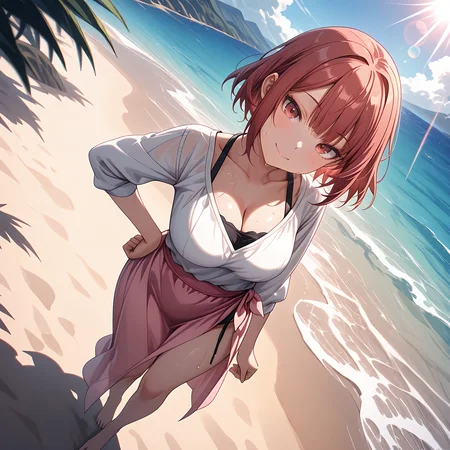masterpiece,best quality,amazing quality, depth of field, lens flare, (beach:1.1), sunlight, <lora:Miho_Tsujinaka_Kono_Koi_ni_Kizuite:0.7> mitsko, 1girl, short hair, red hair, blunt bangs, red eyes, white shirt, cleavage, sleeves past elbows, long pink sarong skirt, bare legs, barefoot, smile, head tilt, hand on own hip, light blush, sweat, outdoors, (full body:1.2), dutch angle, <lora:IL_Dreamy_soft_lines_for_Pony:0.6> dresofl, <lora:IL_Between_pencils_and_semi-realism_Style:0.8> stbedap