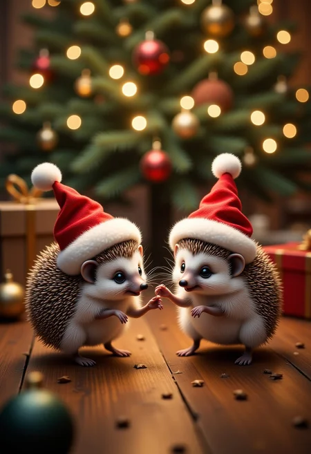 Hedgehogs dancing under the Christmas tree, wearing Christmas hats, Christmas atmosphere, ultra realistic, high quality, masterpiece, extremely detailed, hd, high_detailed, captured in high detail, bo-christmas
