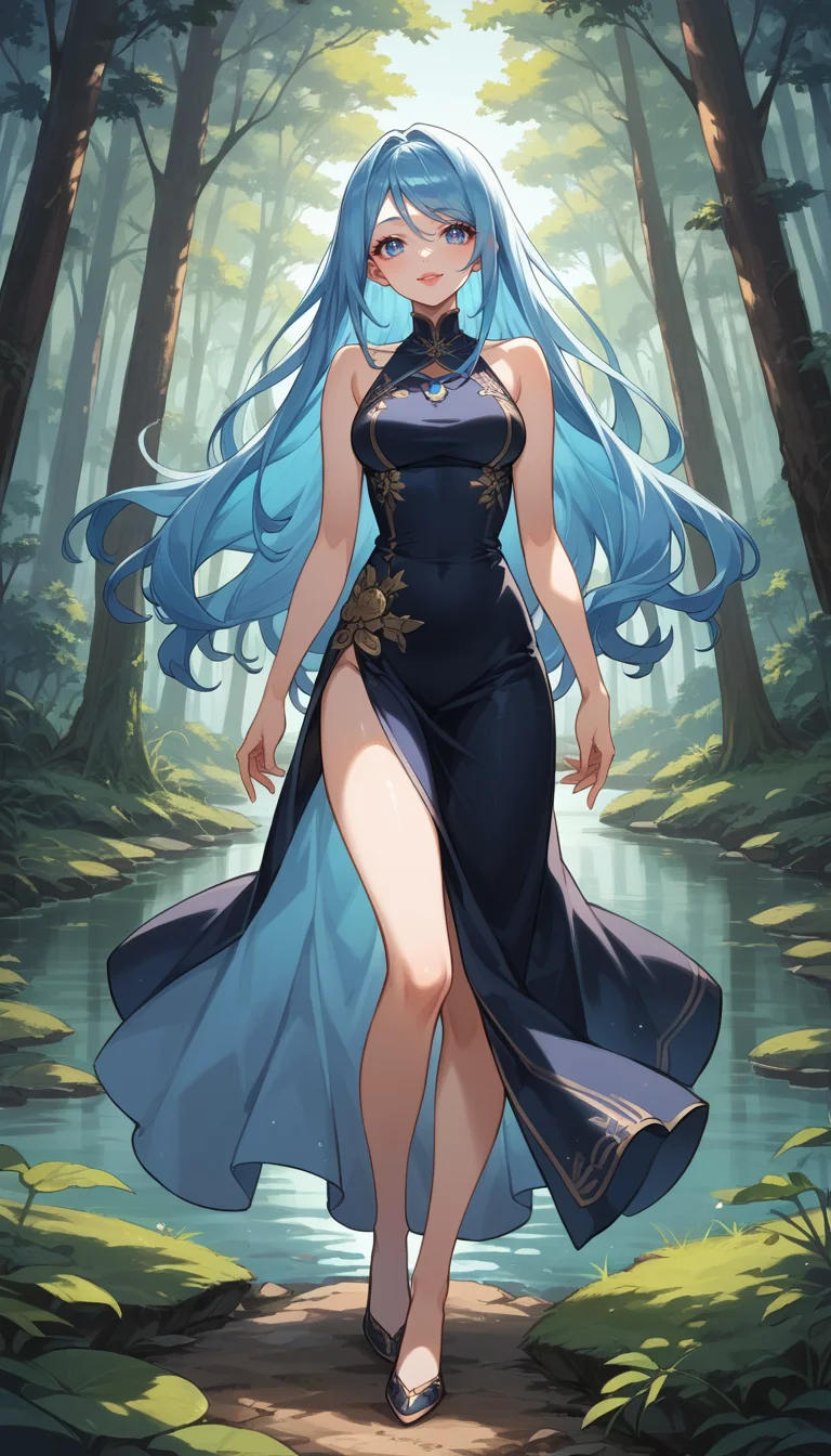 score_9, score_8_up, score_7_up, Anime Style, Full Body Shot, girl, cute, seductive, innocent, light smile:0.3, plump lips, slender body, azure hair, long hair, detailed eyes, forest, bare shoulders, hanfu, lakes, pure, soft bamboo, depth of field, dynamic angle, fashion photography, sharp, hyperdetailed:1.15
