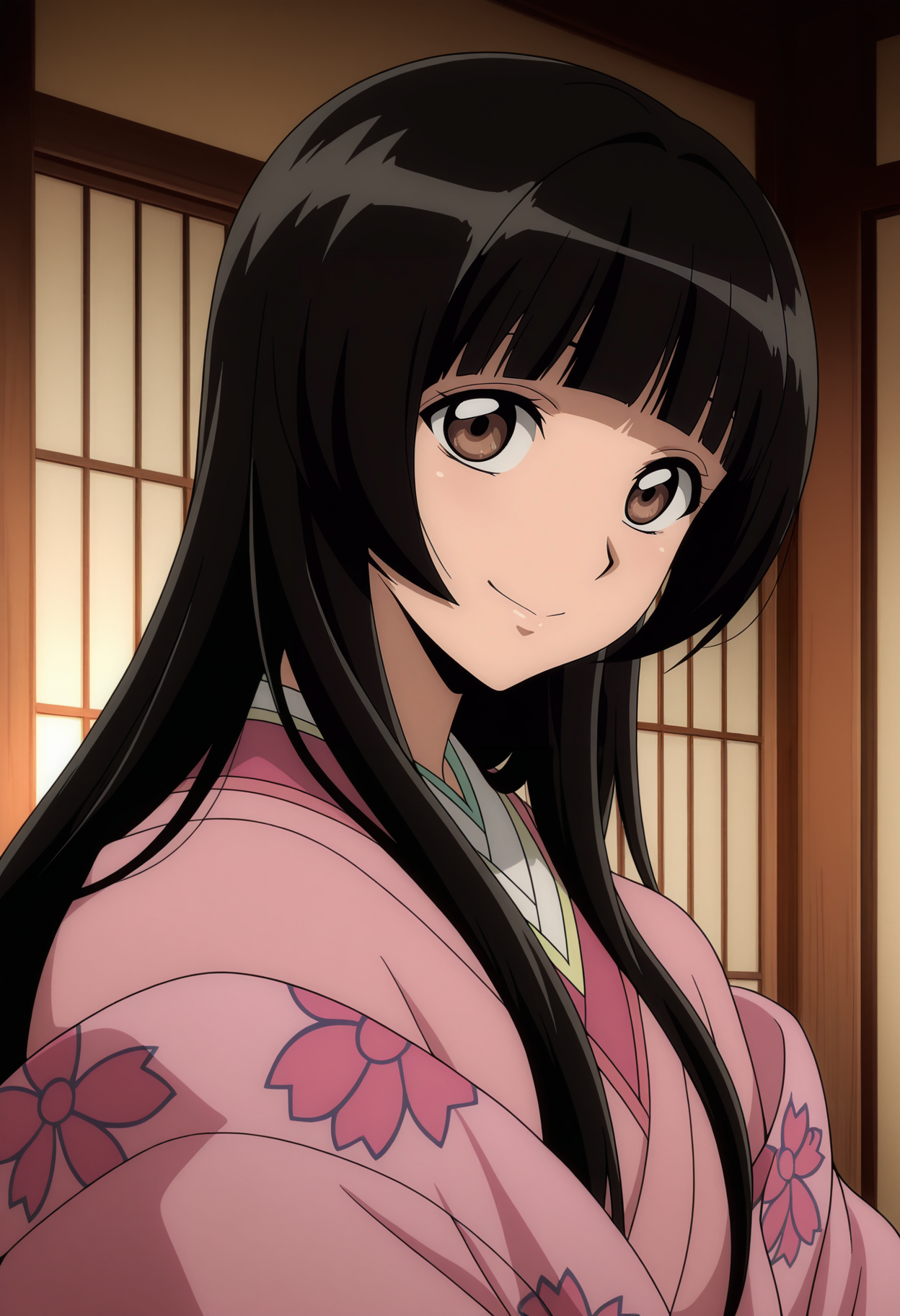 1girl,solo,mm,mature female,long hair,black hair,bangs,brown eyes,hime cut,blunt bangs,anime coloring,
japanese clothes,pink kimono,upper body, looking at viewer, smile,indoors
,masterpiece,best quality,amazing quality,<lora:Youhime-Nurarihyon_no_Mago:0.8>