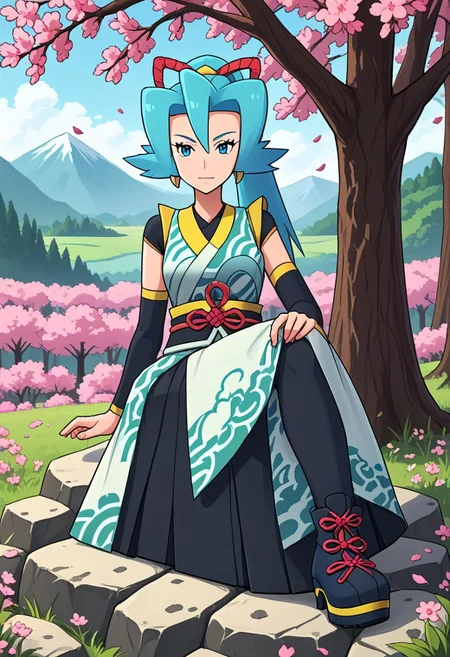 2d, 1girl, solo, sitting, on_rock, full_body, close-up, cherry blossoms, mountain, sunshine, clear sky, colorful, woods, nyclair, nyclaex, ex_colors, clair_\(pokemon\), blue_eyes, aqua_hair, ponytail. hair_ribbon, purple_ribbon, japanese_clothes, dark_blue_sleeves, dark_blue_hakama, white_hakama_skirt, very_long_dress, detached_sleeves, boots, dark_blue_footwear, purple_laces, score_9,score_8_up,score_7_up,source_anime, masterpiece, best quality, amazing quality